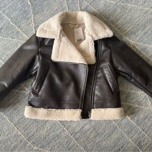 H&M Brown Faux Leather Aviator Jacket with Cream Fleece, kids size 10-11 years,